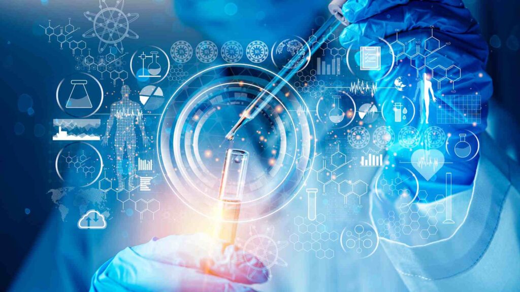 Biomedical laboratory testing with a pipette, test tube, and digital medical icons