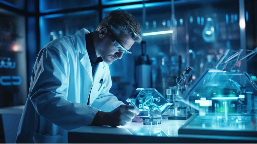 Scientist working in a modern biomedical research laboratory