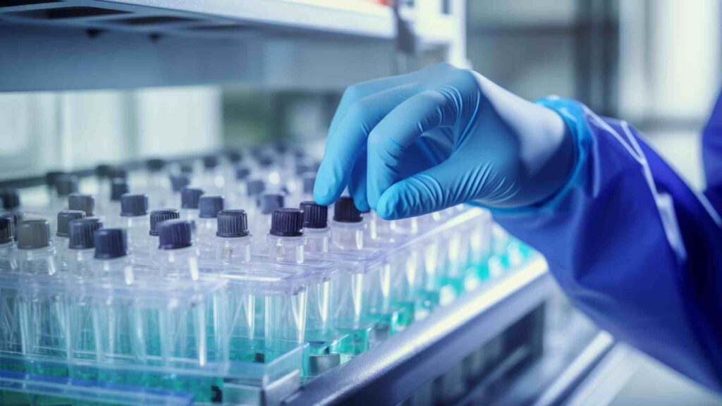 Gloved hand handling laboratory sample bottles in a biomedical research lab