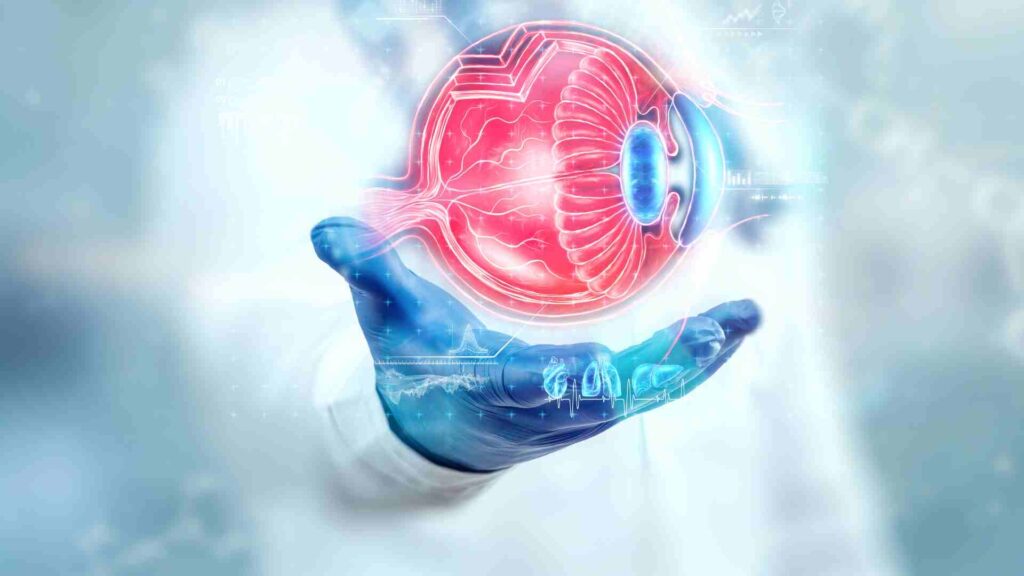 Digital eye illustration above a gloved hand in a medical technology setting